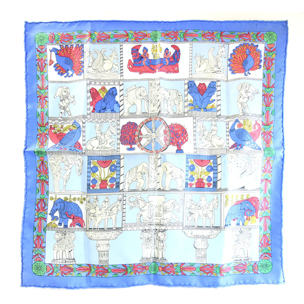 Hermes Scarf Muffler Carre 42 TORANA Tower Gate Blue 100% Silk Petit Mini Ele...